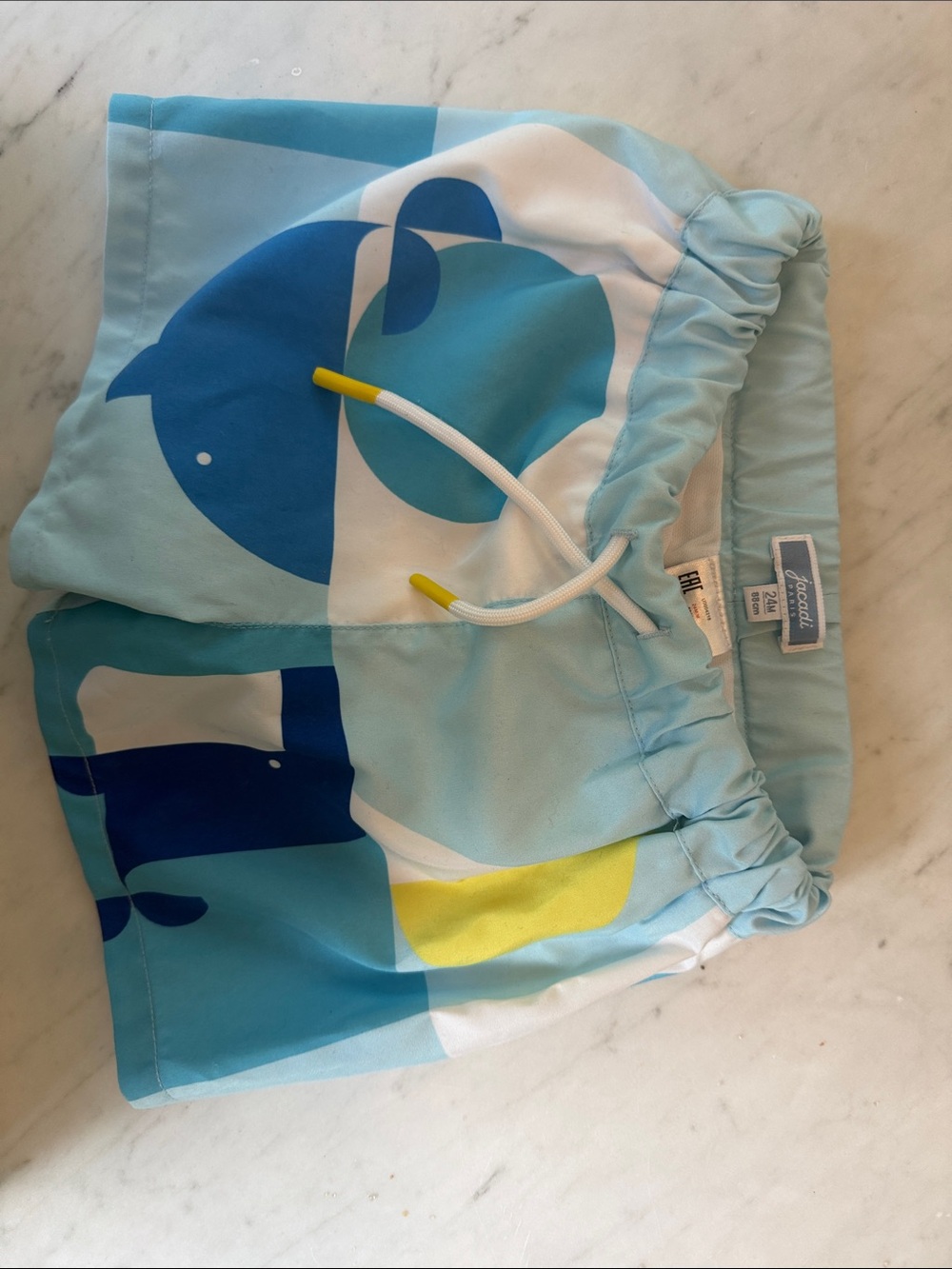 Jacadi Light Blue Navy White Yellow Graphic Kids Swim Trunks